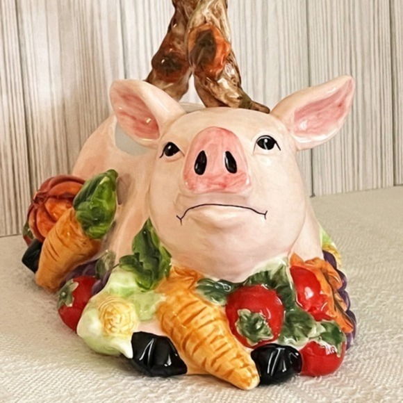 Vintage Pig Planter Basket With Vegetable Decoration‎ Signature Home Collection - Picture 4 of 13
